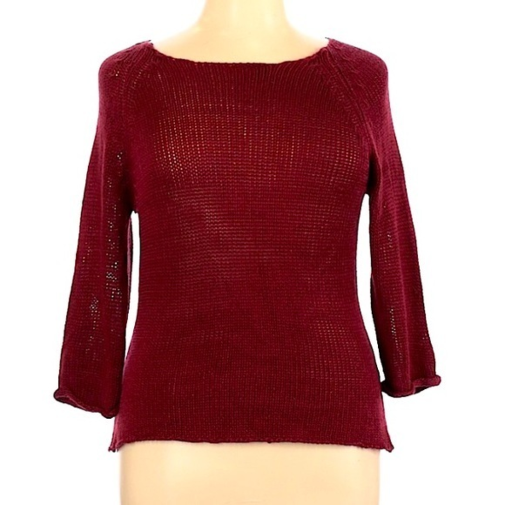 Tobi L red brown boat neck 3/4 sleeve raw edge/hem‎ knit pullover sweater